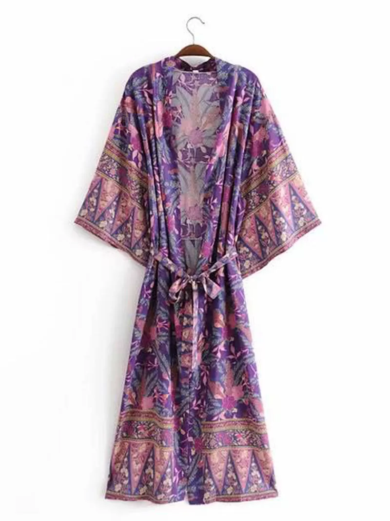 Beachwear & Partywear Floral Print Purple Color Cotton Long Length Gown Kimono Duster Robe