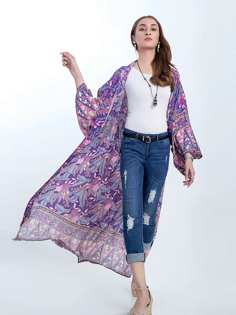 Beachwear & Partywear Floral Print Purple Color Cotton Long Length Gown Kimono Duster Robe