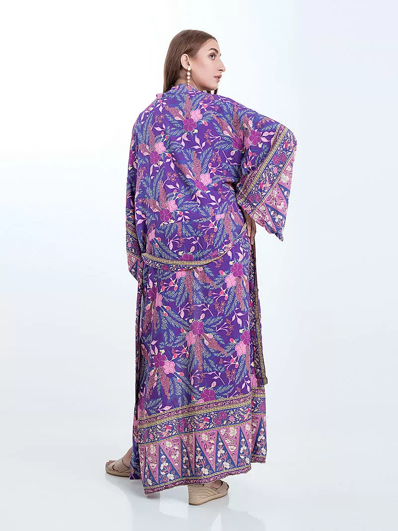 Beachwear & Partywear Floral Print Purple Color Cotton Long Length Gown Kimono Duster Robe