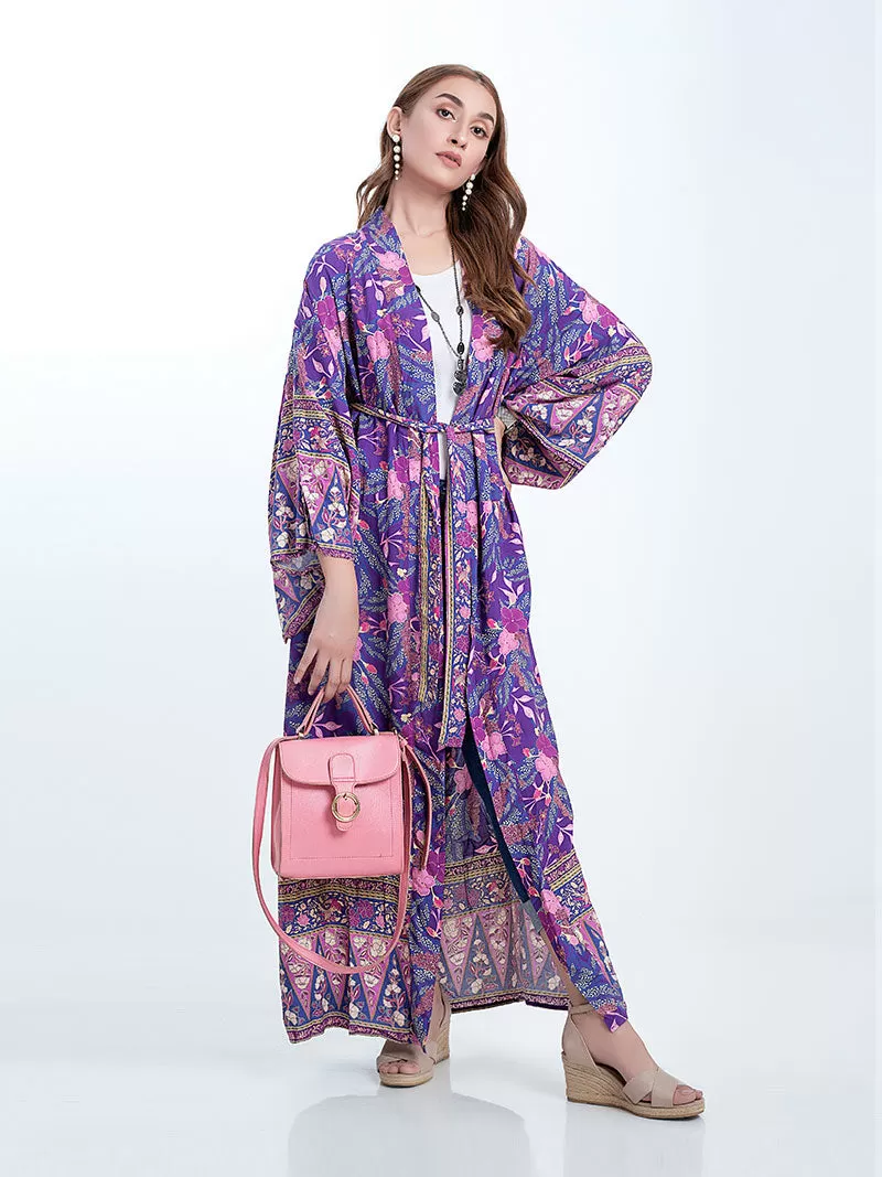 Beachwear & Partywear Floral Print Purple Color Cotton Long Length Gown Kimono Duster Robe