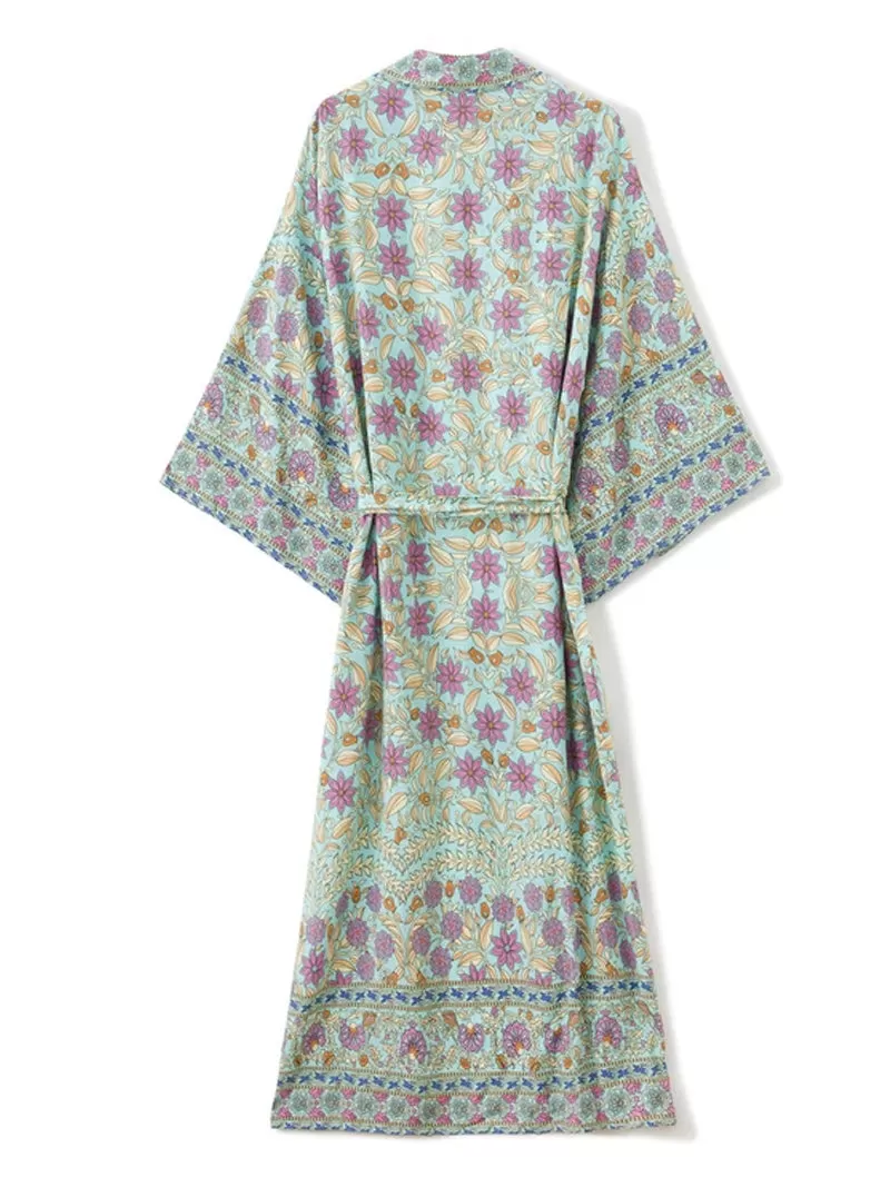 Beachwear Floral Print Green Color Cotton Long Length Gown Kimono Duster Robe