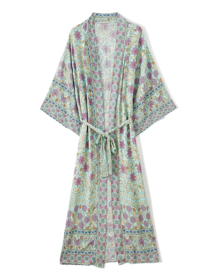 Beachwear Floral Print Green Color Cotton Long Length Gown Kimono Duster Robe