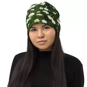 Beanie With White Flowers / Print Of Daisies / Double Layered