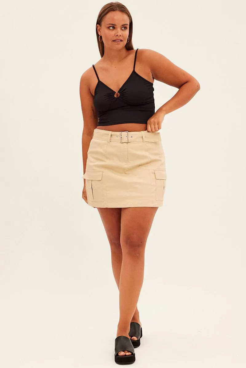 Beige Cargo Skirt Belted Mini Cotton