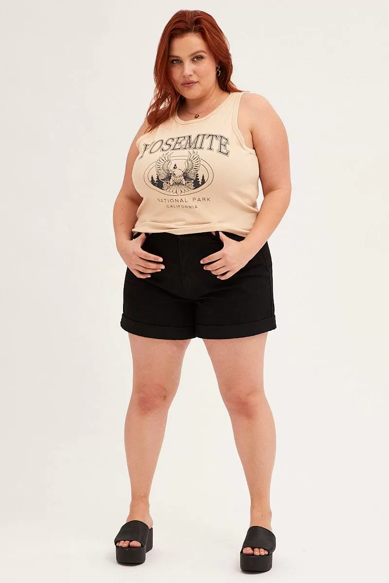 Beige Graphic Tank Top Crew Neck Sleeveless