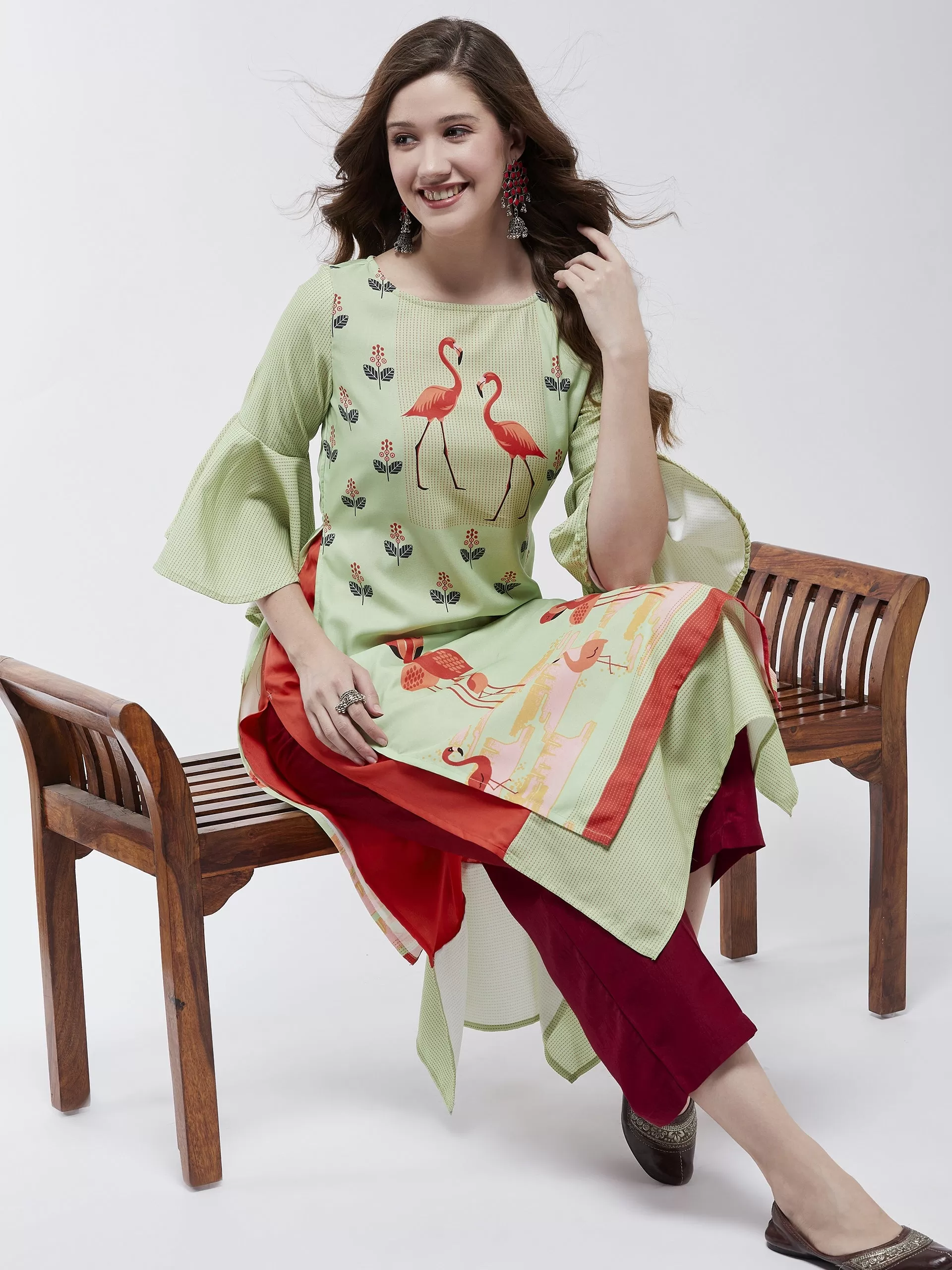 Bell Sleeves Layered Flamingo Printed Kurta