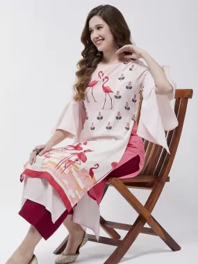 Bell Sleeves Layered Flamingo Printed Kurta