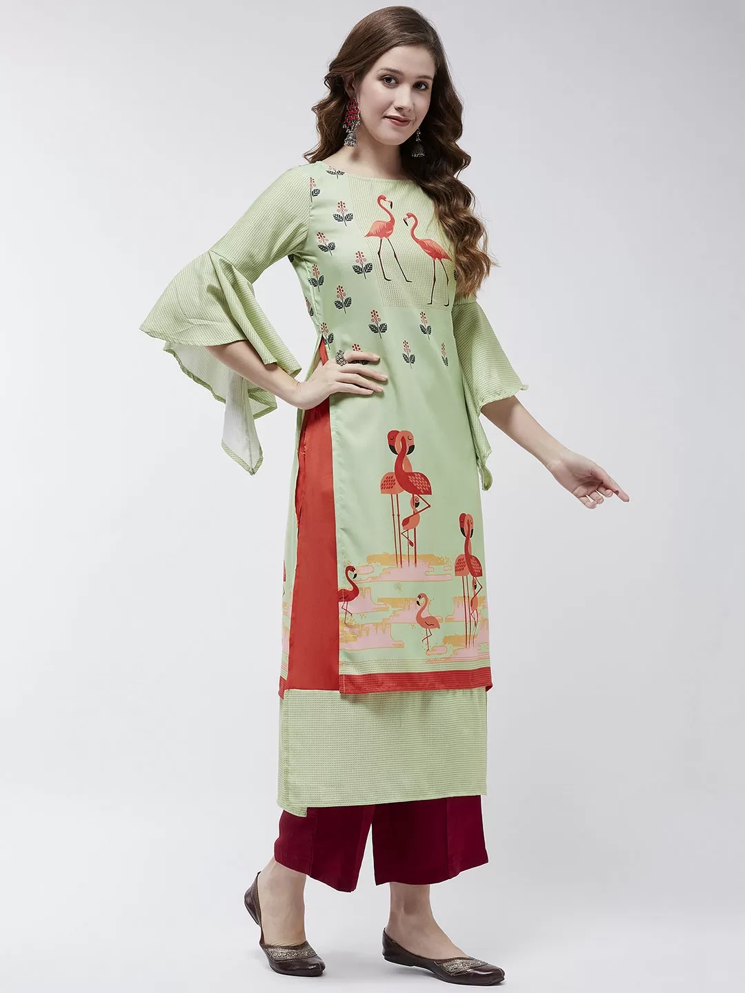 Bell Sleeves Layered Flamingo Printed Kurta