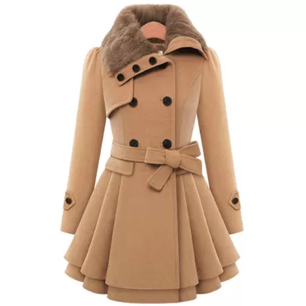 BELTED DOUBLE BREASTED PEACOAT WITH TURN-DOWN FAUX FUR COLLAR