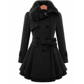 BELTED DOUBLE BREASTED PEACOAT WITH TURN-DOWN FAUX FUR COLLAR