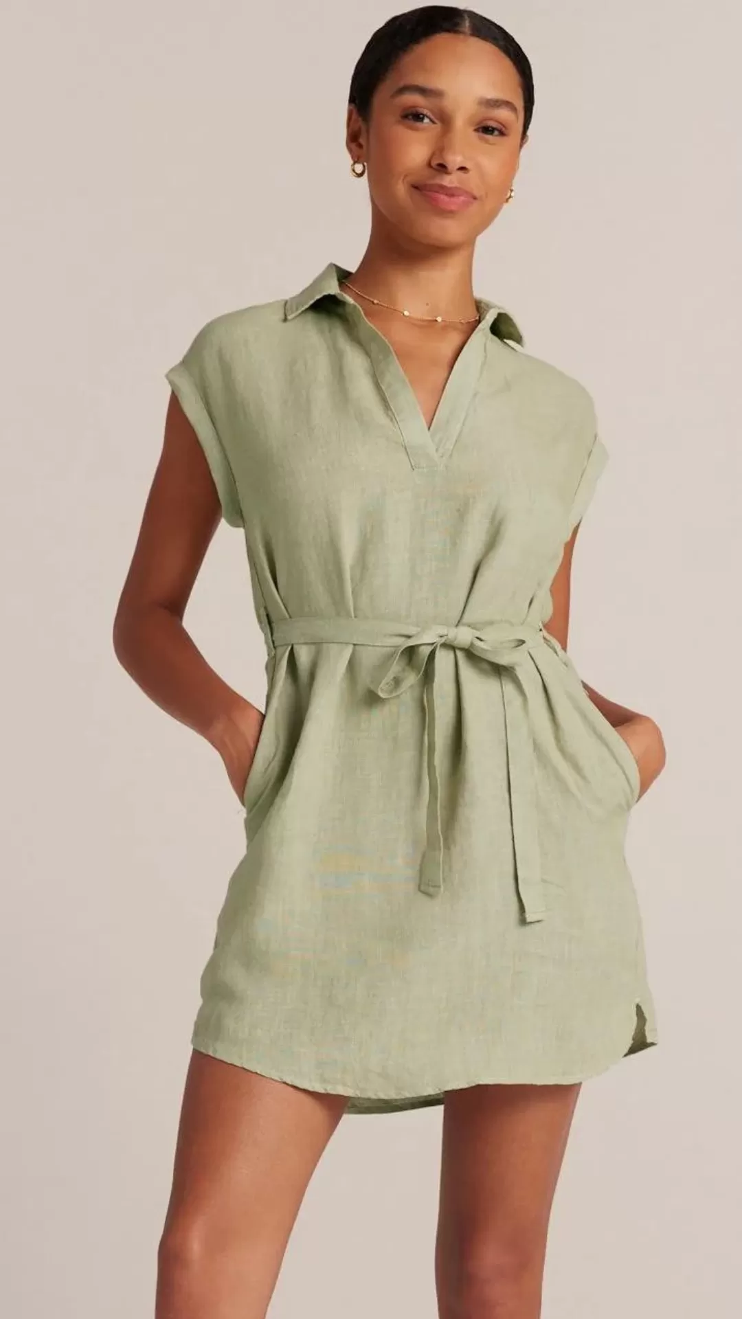 Belted Linen Shirt Dress - Pale Palm