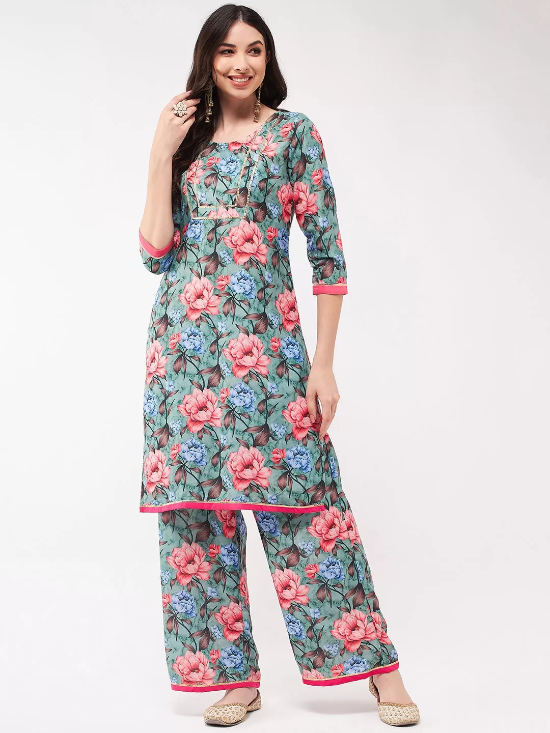 Big Floral Digital Printed Kurta With Palazzo Set