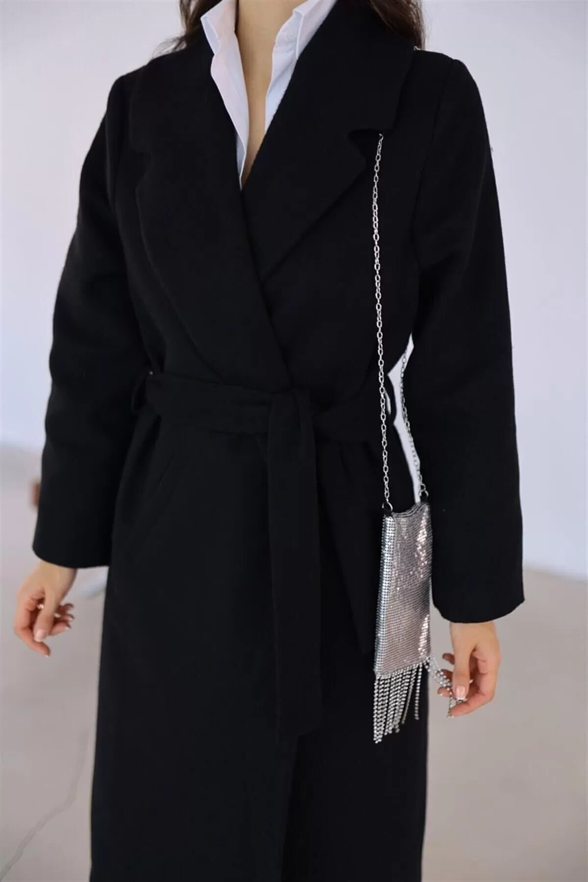 Black Belted Long Cachet Coat - LA LUVIA