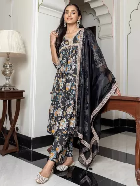 Black Cotton Embellished Kurta with Palazzo and Dupatta