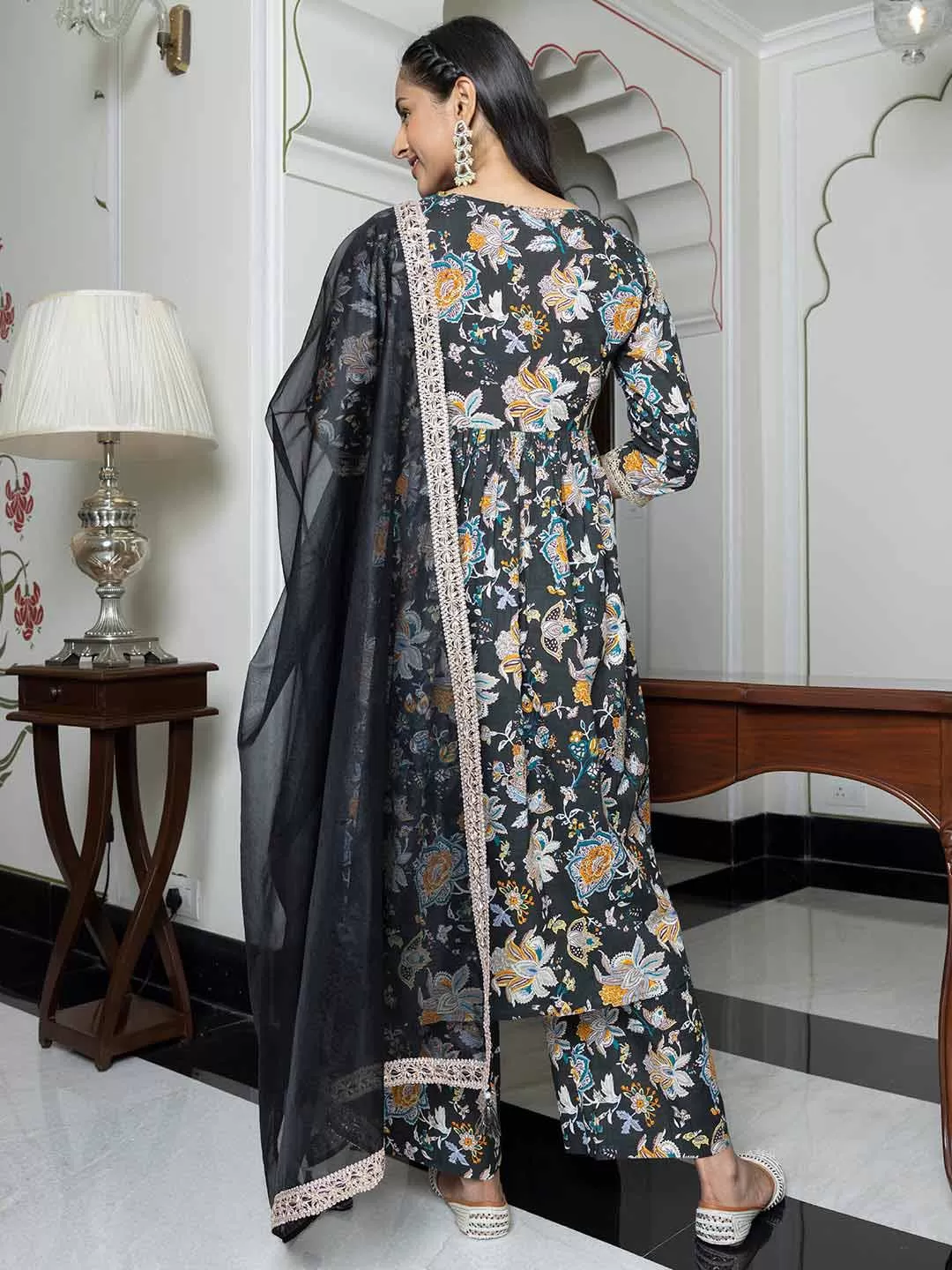 Black Cotton Embellished Kurta with Palazzo and Dupatta