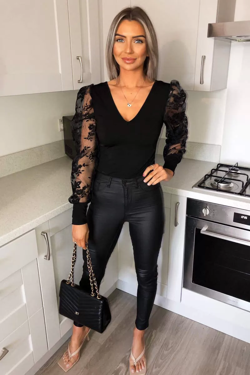 Black Embroidered Puff Sleeve Bodysuit