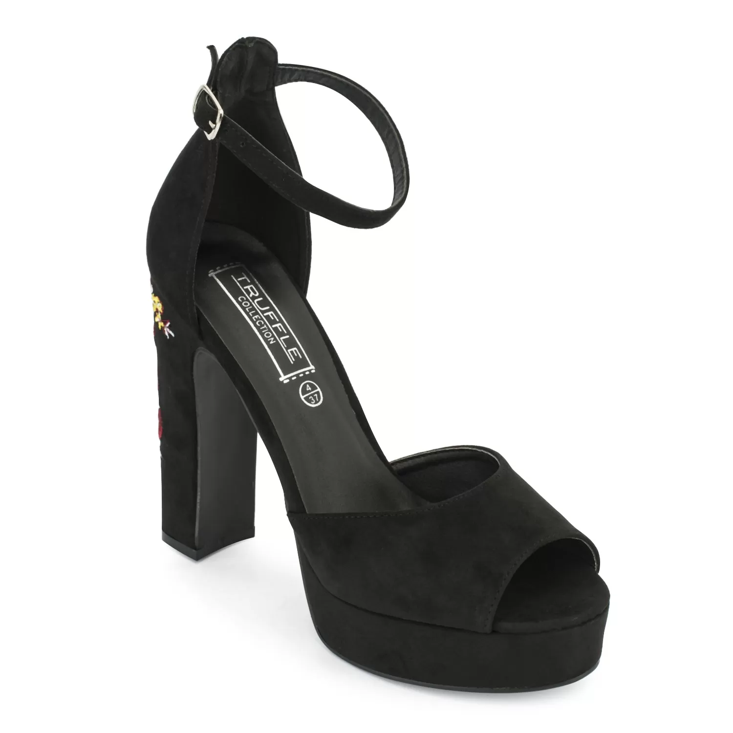 Black Embroidery Block Heel Sandals