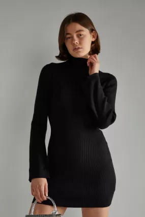 Black Flared Sleeve Knitted Mini-Dress