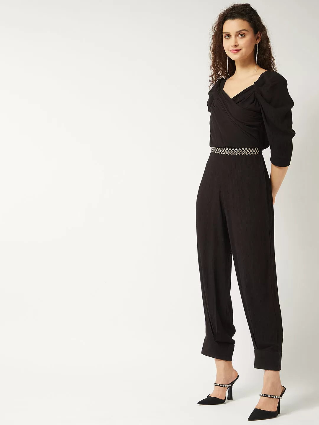 Black Solid Ruffle Sleeves Stylish Jumpsuit