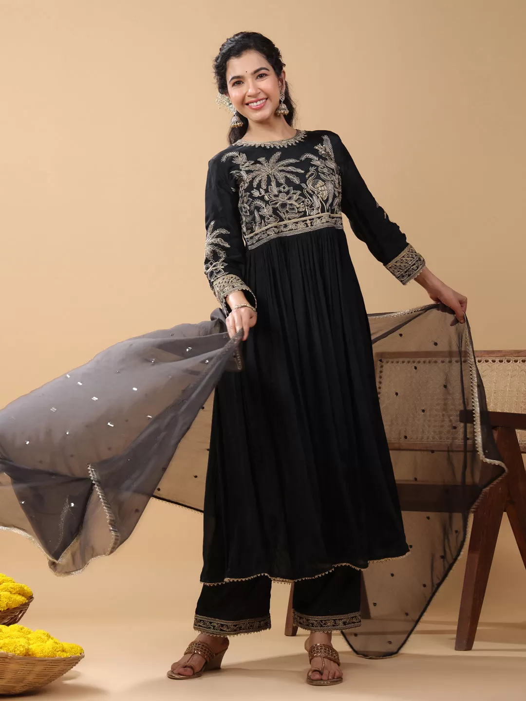 Black Viscose Muslin Embellished Kurta Pant Set