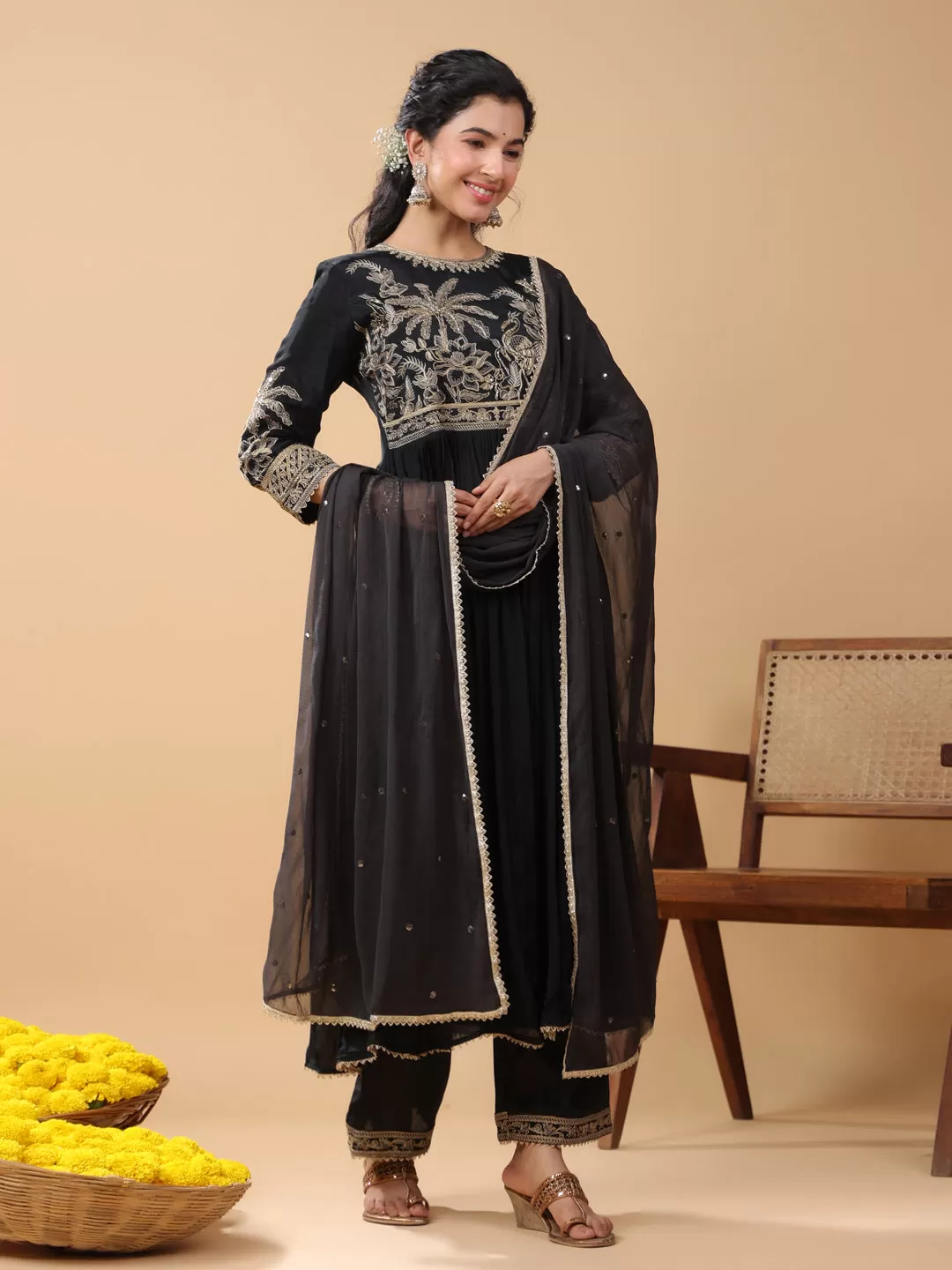 Black Viscose Muslin Embellished Kurta Pant Set