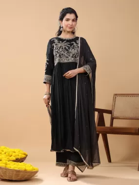 Black Viscose Muslin Embellished Kurta Pant Set