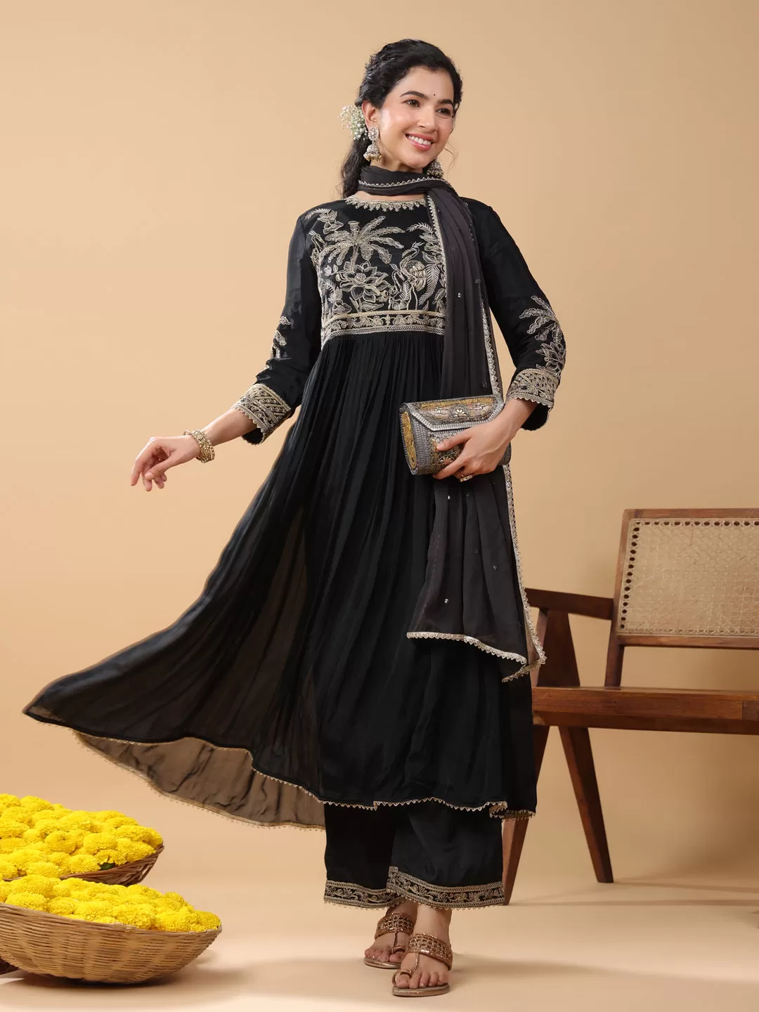 Black Viscose Muslin Embellished Kurta Pant Set