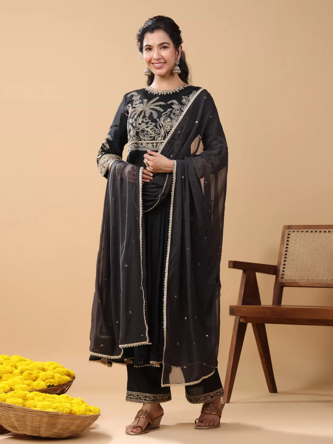 Black Viscose Muslin Embellished Kurta Pant Set