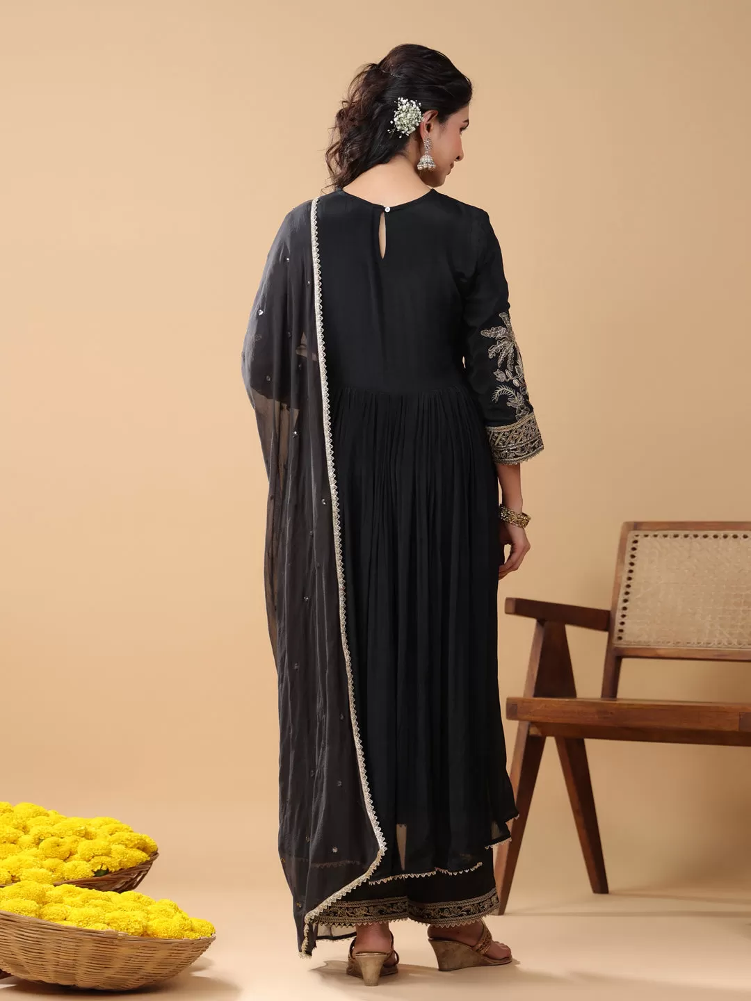 Black Viscose Muslin Embellished Kurta Pant Set