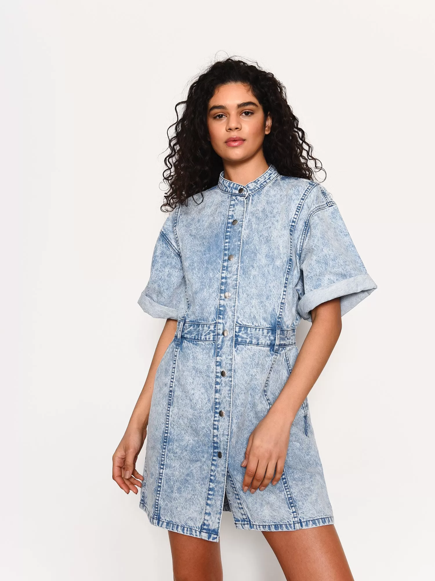 Blue Acid-Wash Denim Button Front Mini-Dress