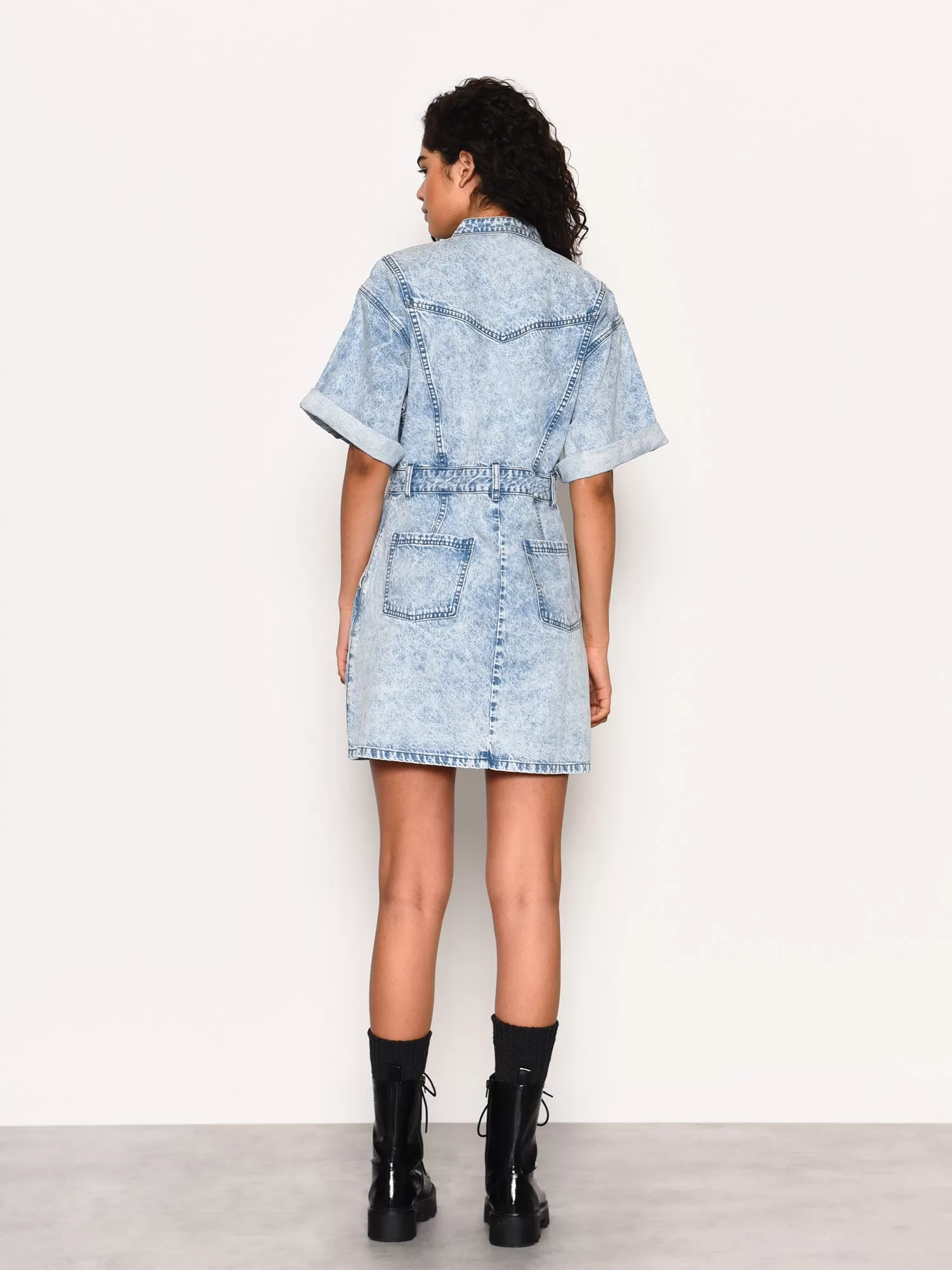 Blue Acid-Wash Denim Button Front Mini-Dress