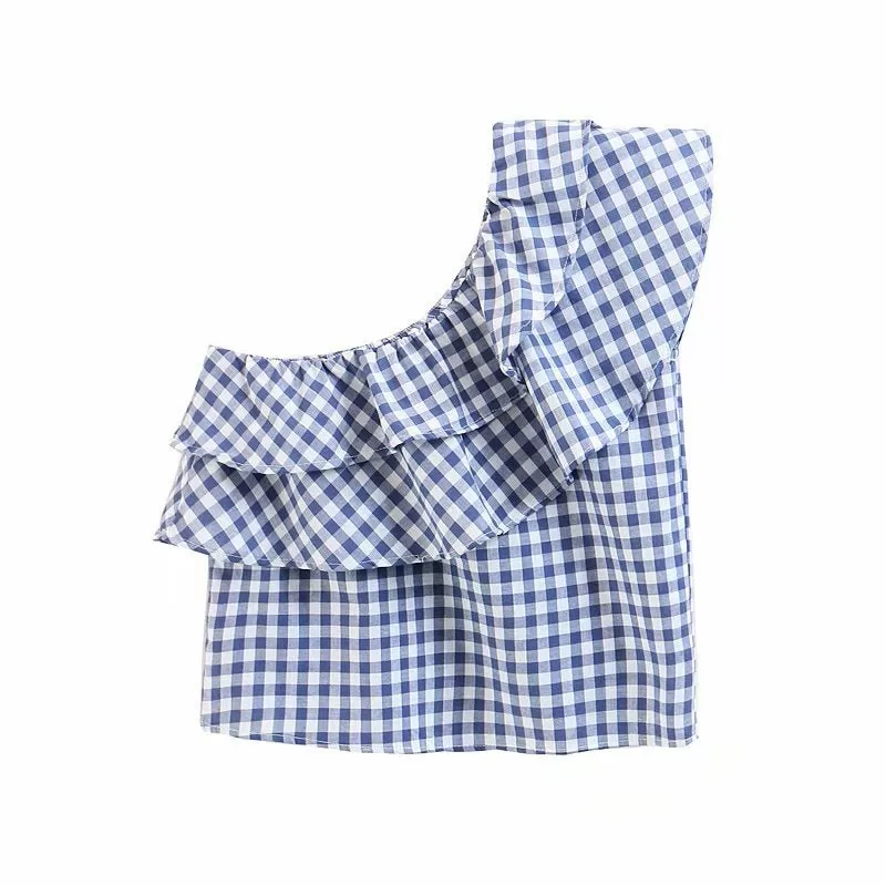 Blue & White Gingham Ruffle Top