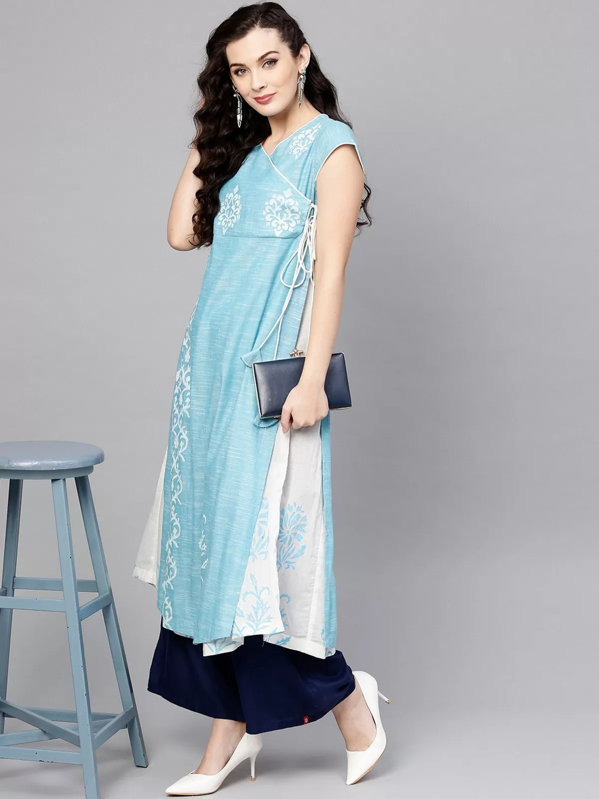 Blue Angarkha Layered Printed Chambray Kurta