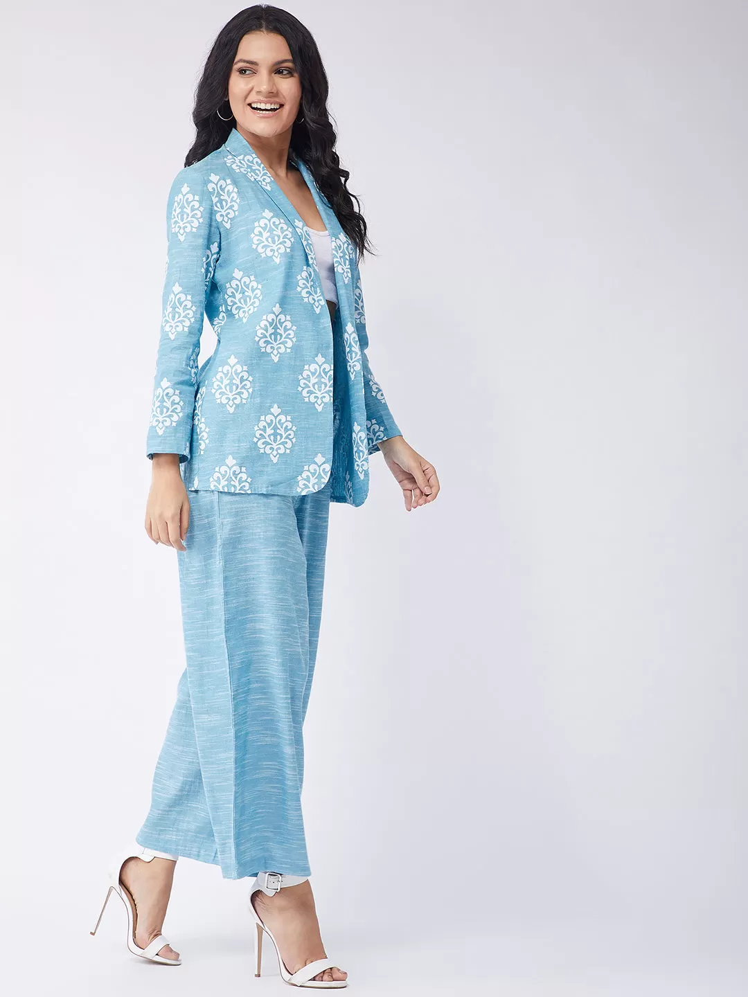 Blue Chambray Printed Blazer With Pant Set