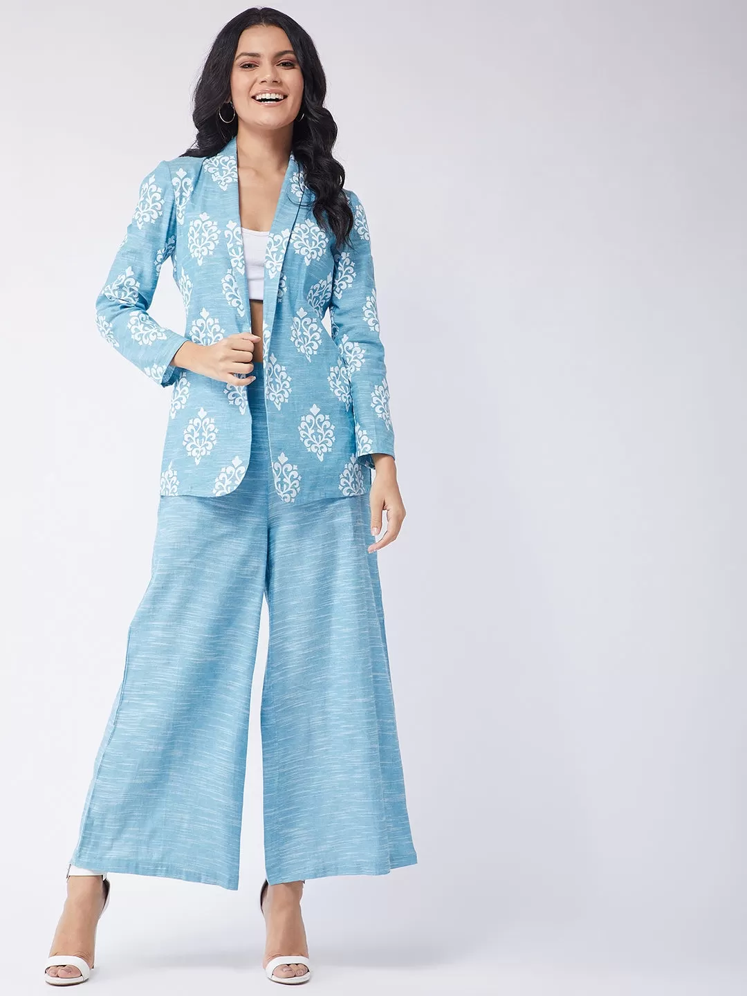 Blue Chambray Printed Blazer With Pant Set