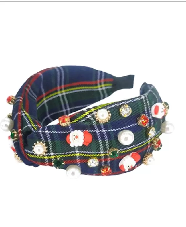 Blue Christmas Plaid Charm Headband