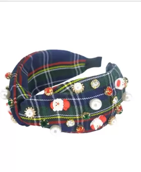 Blue Christmas Plaid Charm Headband