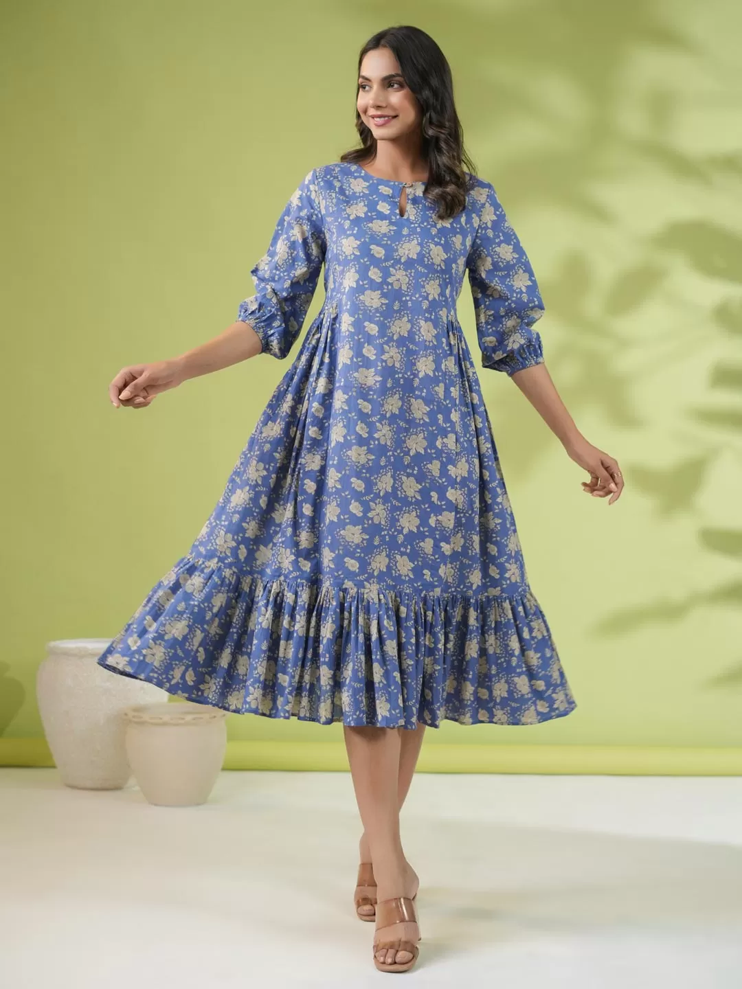 Blue Cotton Floral Fit & Flare Dress