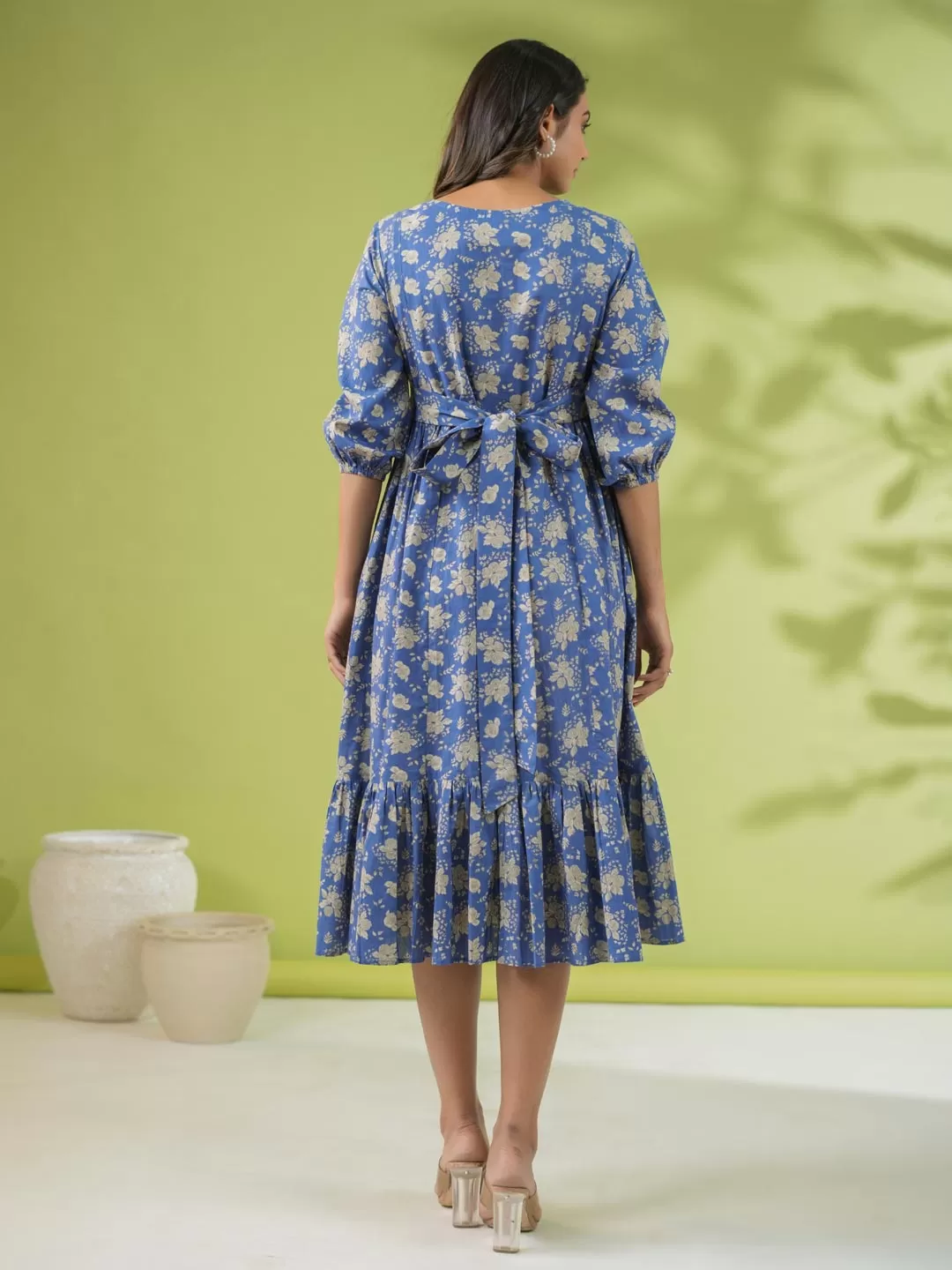 Blue Cotton Floral Fit & Flare Dress