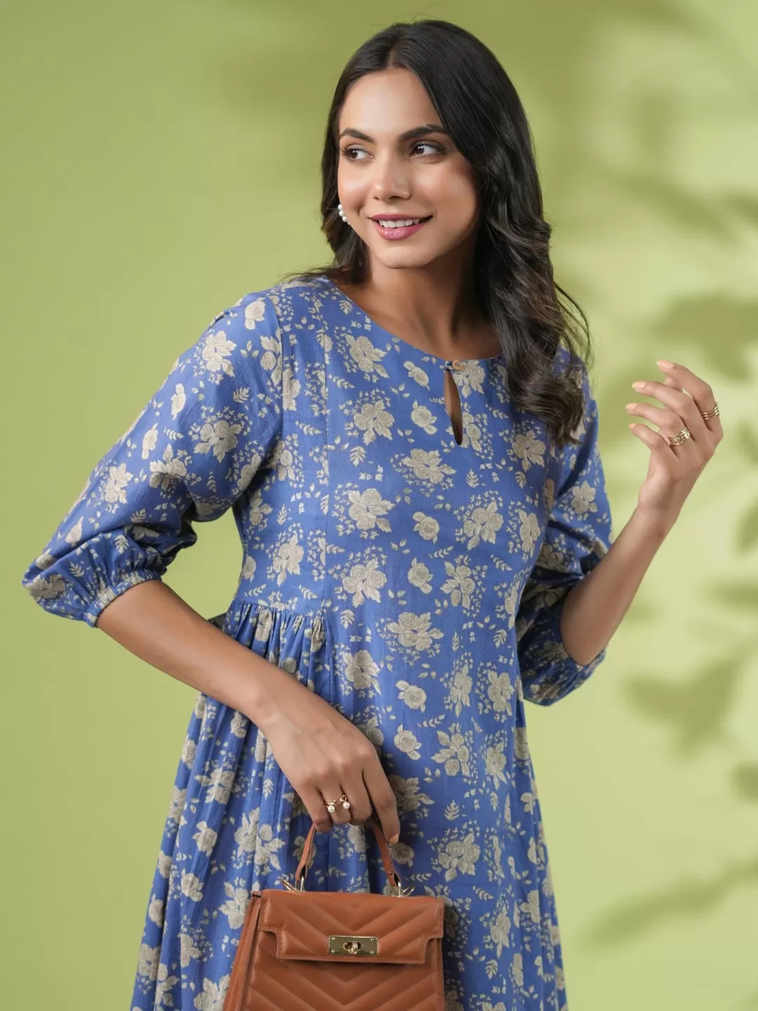 Blue Cotton Floral Fit & Flare Dress