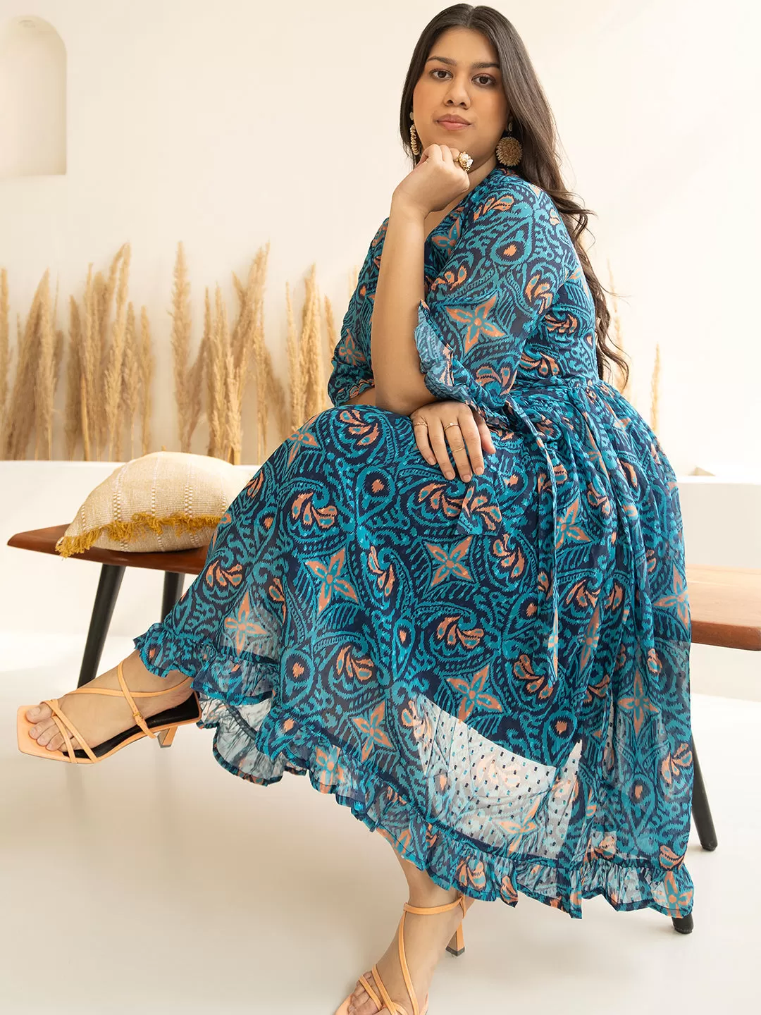 Blue Dobby Georgette Ikat Printed Flared Dress