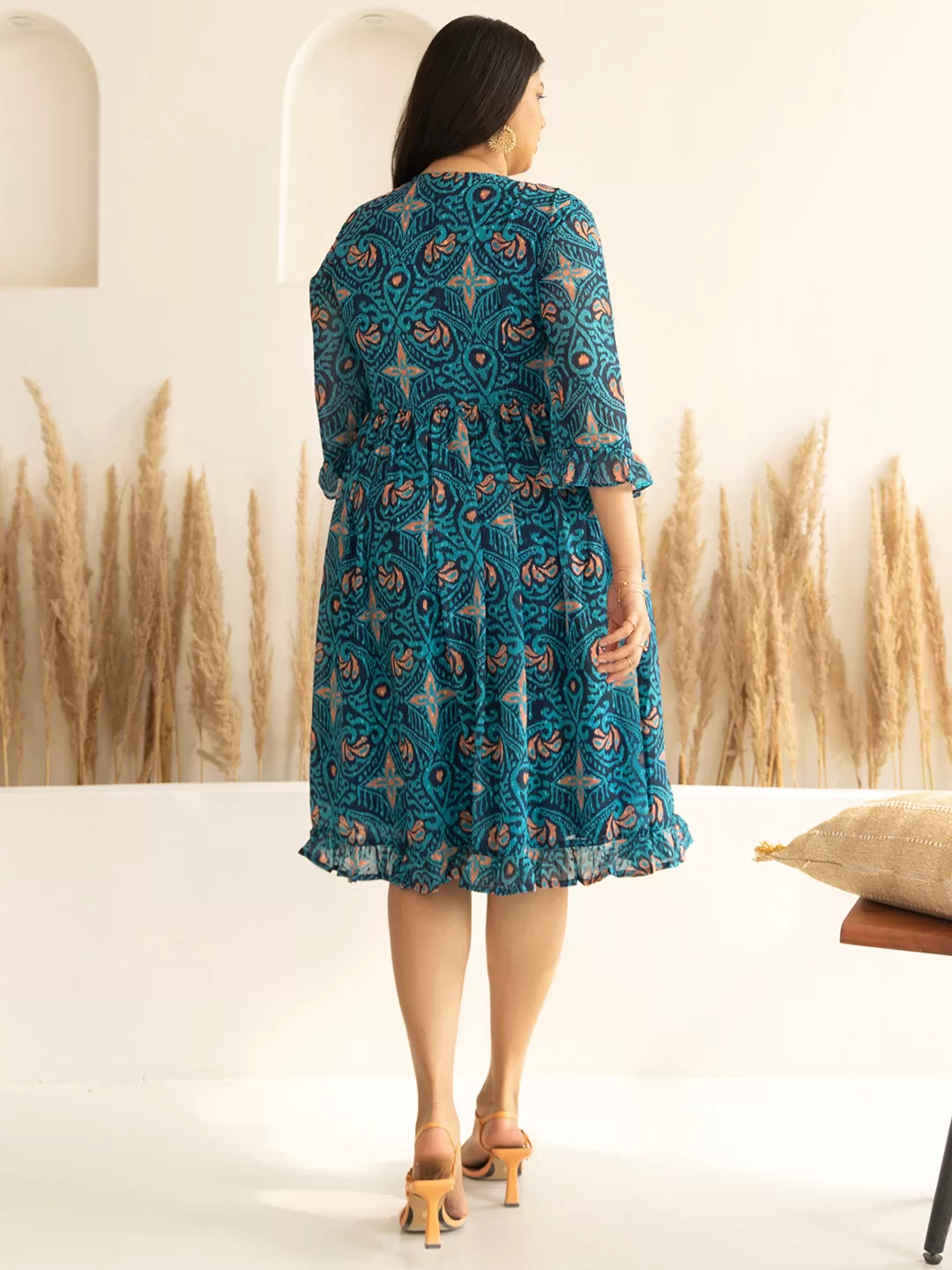 Blue Dobby Georgette Ikat Printed Flared Dress