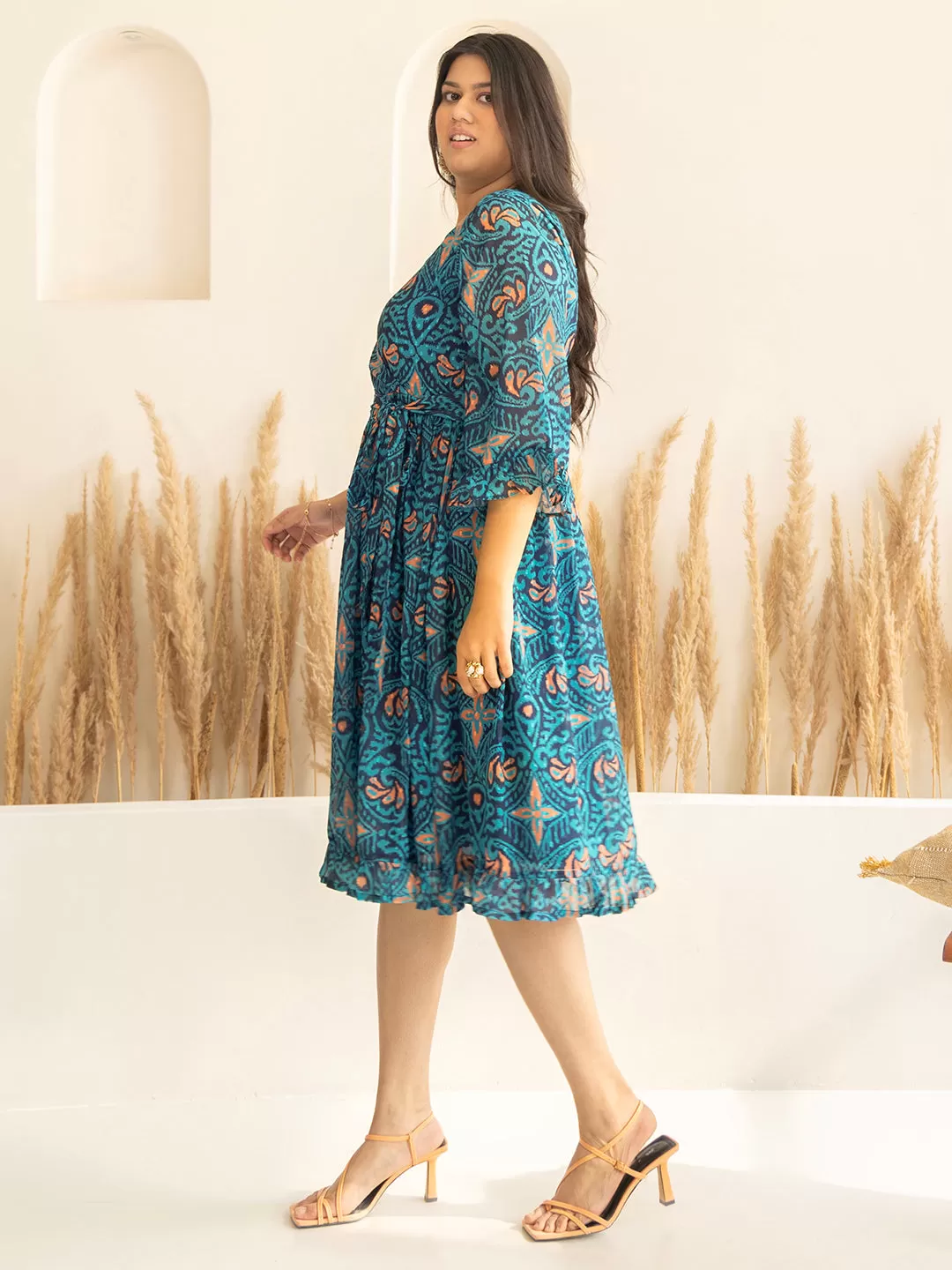 Blue Dobby Georgette Ikat Printed Flared Dress