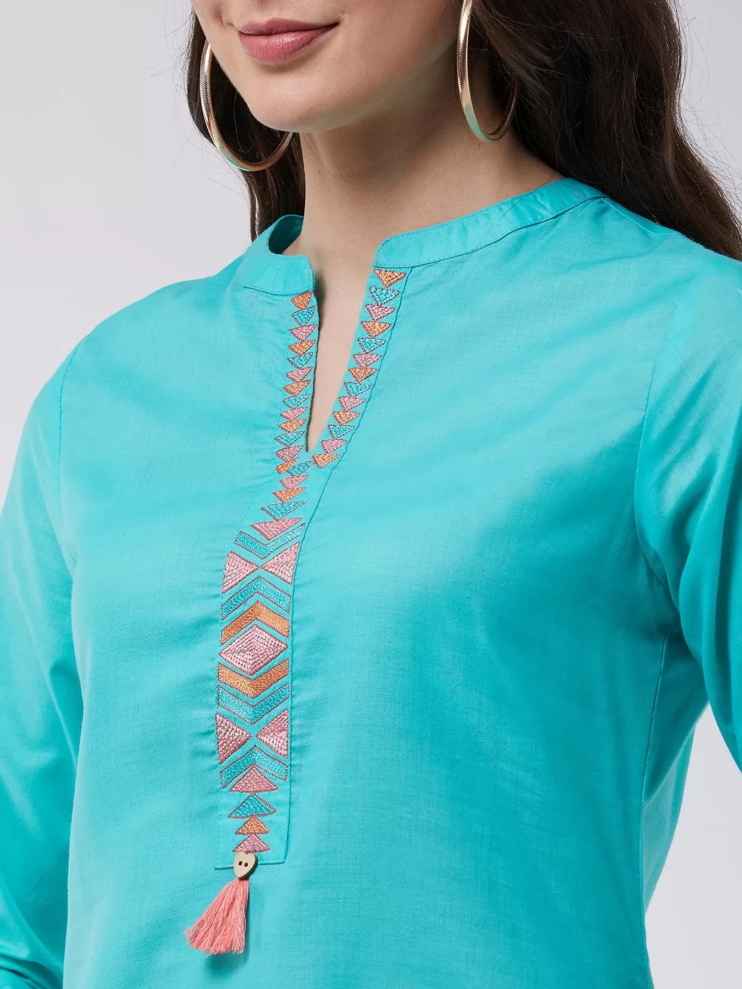 Blue Embroidered Kurta With Pants And Pink Digital Printed Dupatta