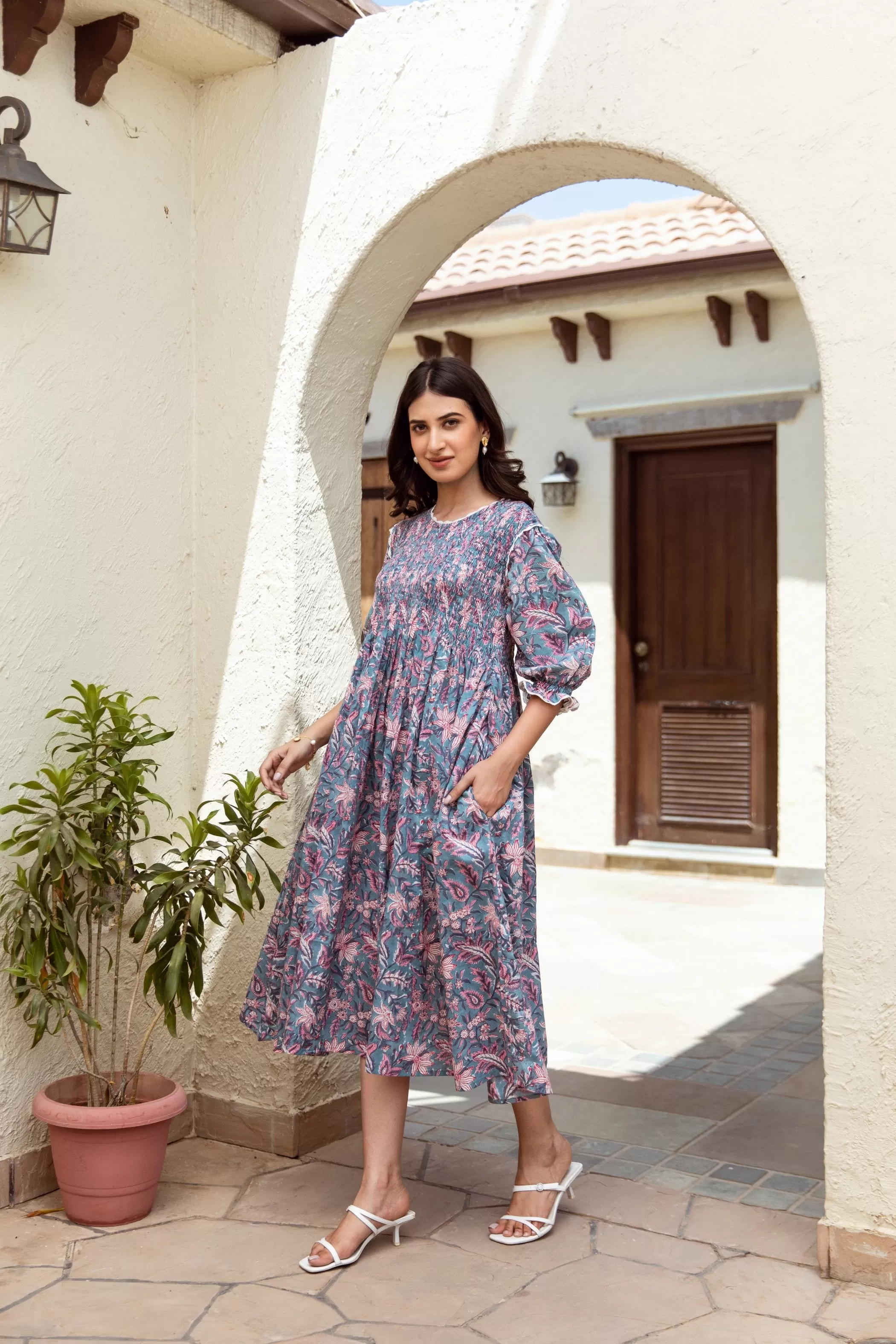 blue floral handblock dress