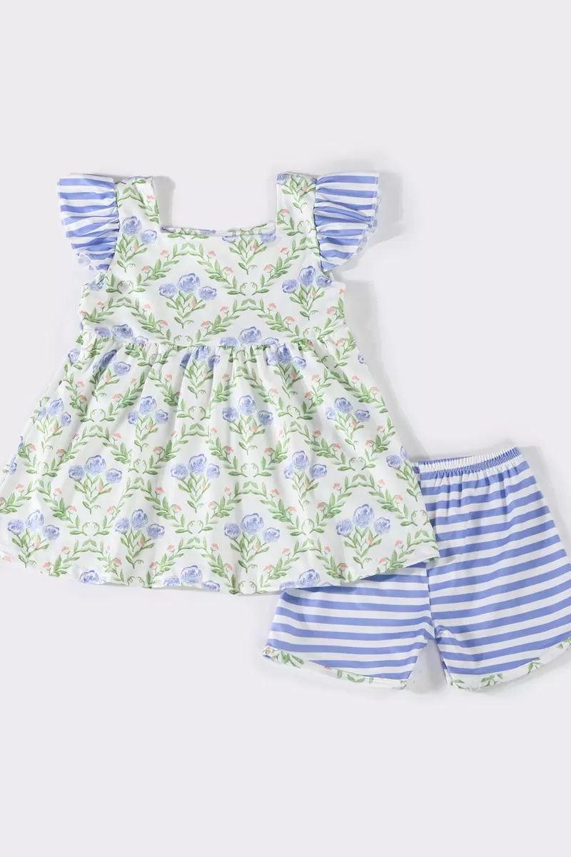 Blue floral ruffle stripe girl set