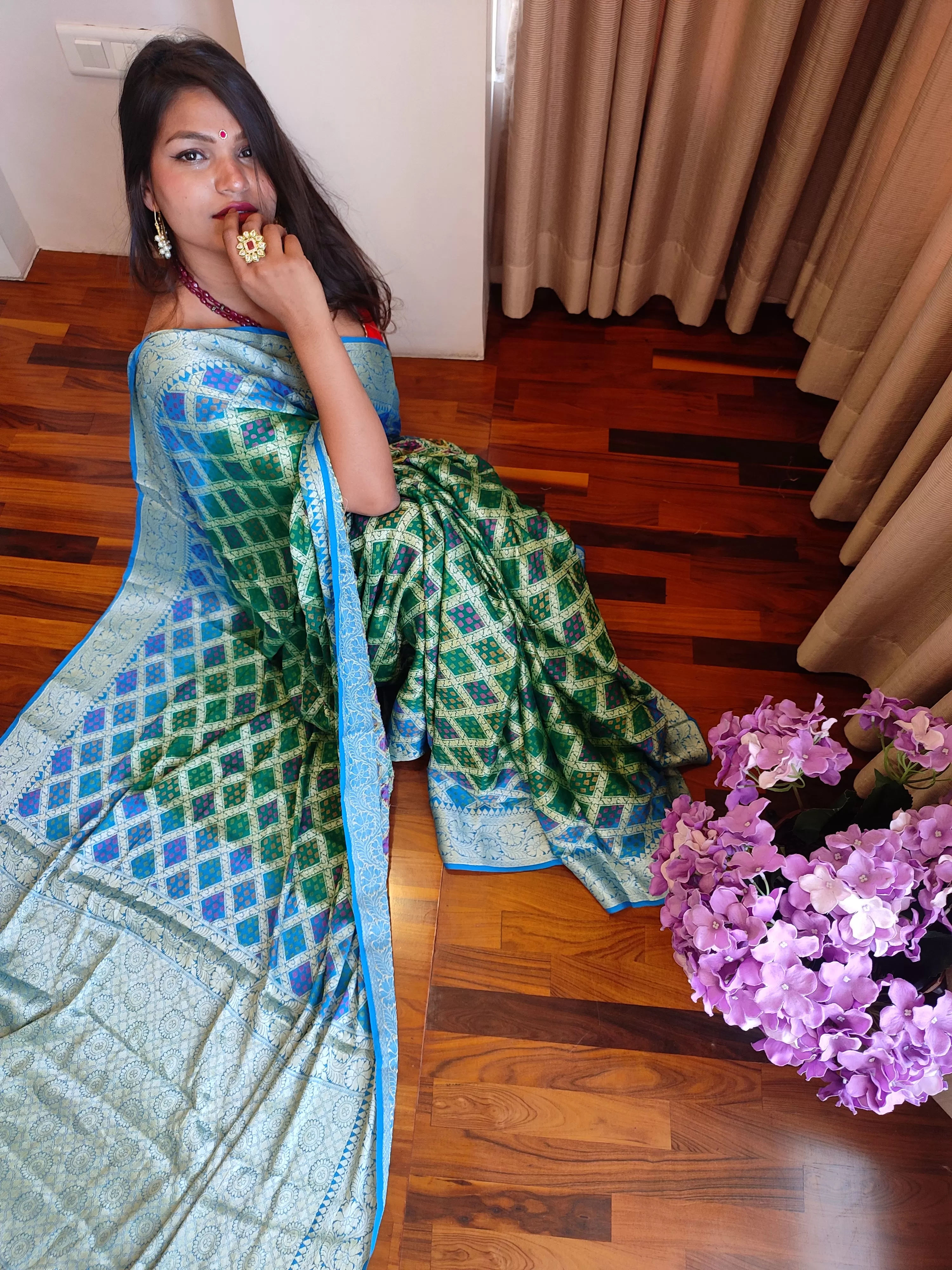 Blue-Green Banarasi Bandhej Party Wear Saree