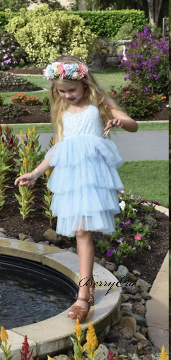 Blue Lovely Lace Flower Girl Dresses, Fluffy Wedding Little Girl Dresses