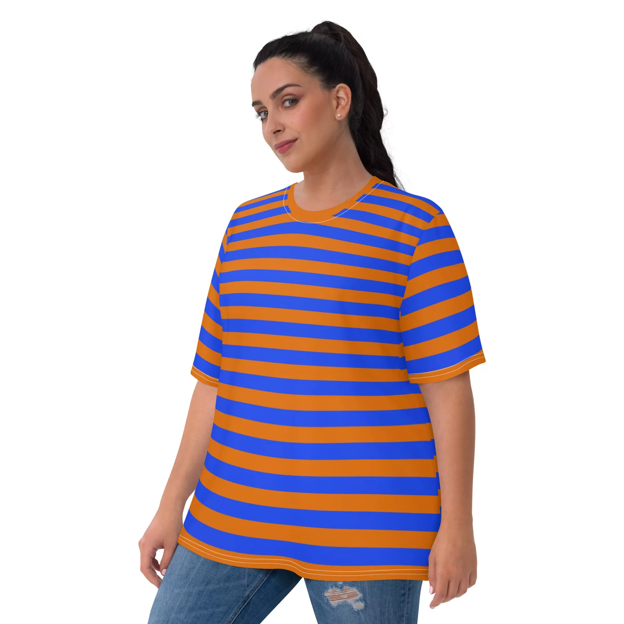 Blue Orange Striped T-Shirt For Women