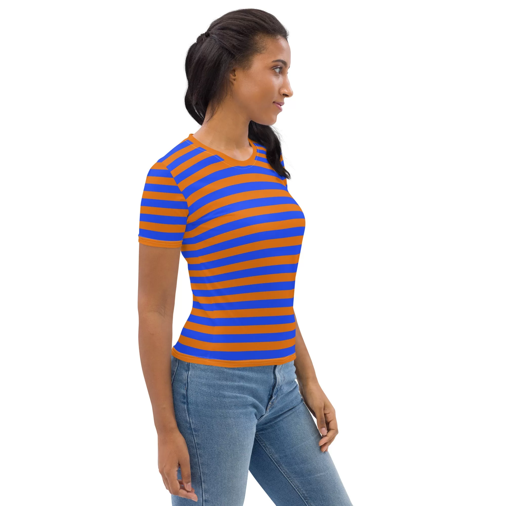 Blue Orange Striped T-Shirt For Women